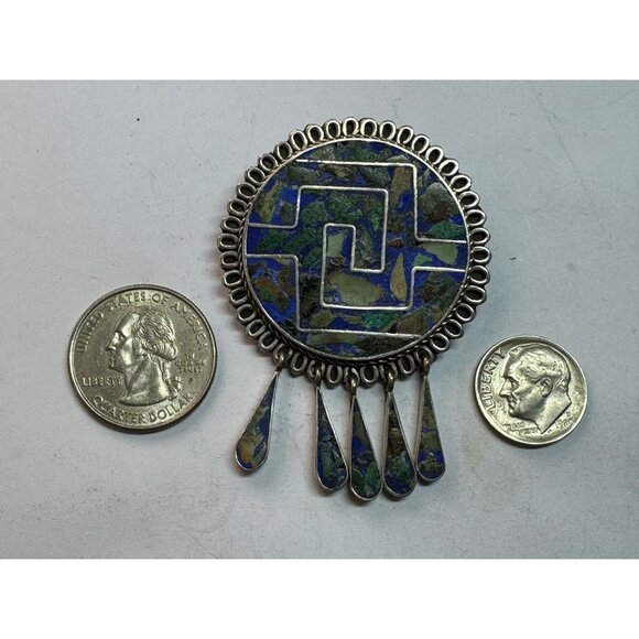 Estate Mexican Sterling Silver 925 Azurite Malachite Inlay Brooch Pin Pendant 15 - Picture 7 of 8